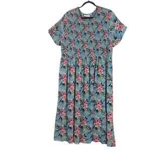 National Rayon Dress Muumuu Mumu Colorful Floral Smocked‎ Midi L Summer Vacation